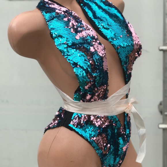 Blue pink sequin rave bodysuit mermaid metallic festival swimsuit Las Vegas q2 - Picture 9 of 10